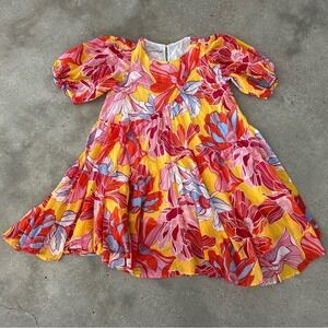 Devotion Twins Asymmetrical Tiered Dress Yellow Pink Orange Floral Sz S